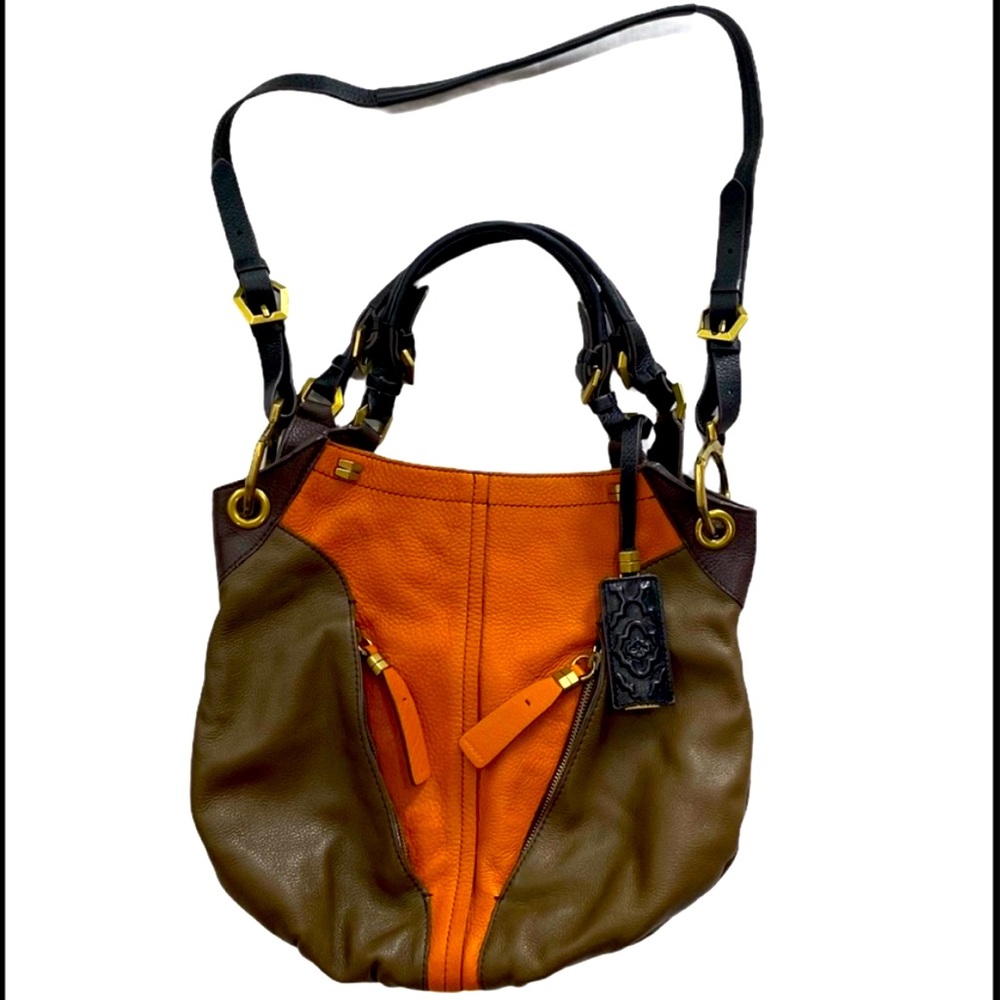 Color block pebbled large leather hobo purse. Orange and olive green bag